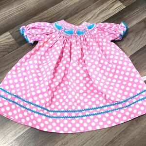 LOLLY WOLLY DOODLE PINK POLKA DOT SMOCKED WHALES DRESS WITH RIC RAC  9 mo